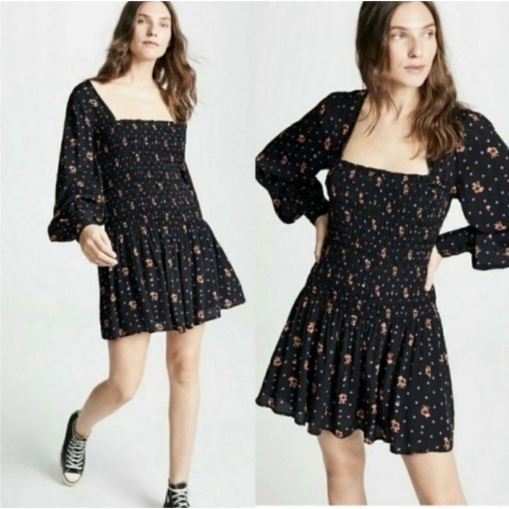 Free‎ People-M Floral Long Sleeve Smocked Mini Dress Romantic Boho-Chic Babydoll